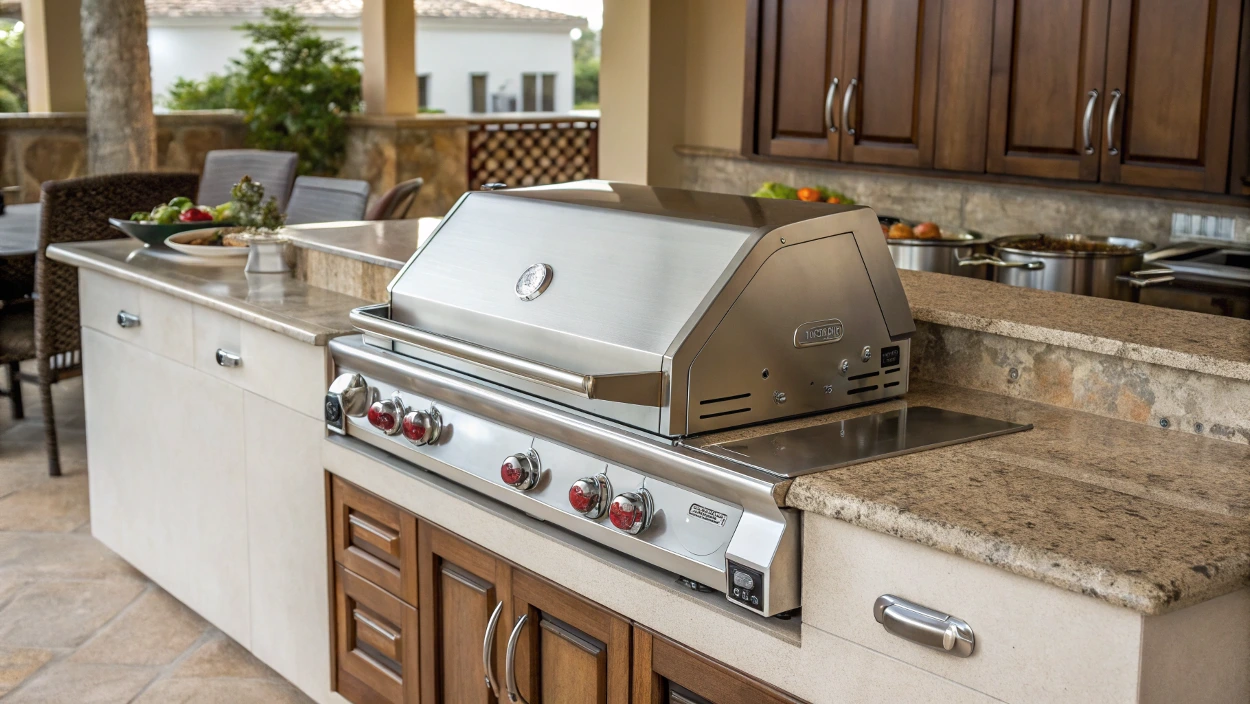 Cozinha gourmet externa com churrasqueira a gás de embutir em aço inox integrada a uma bancada de granito.