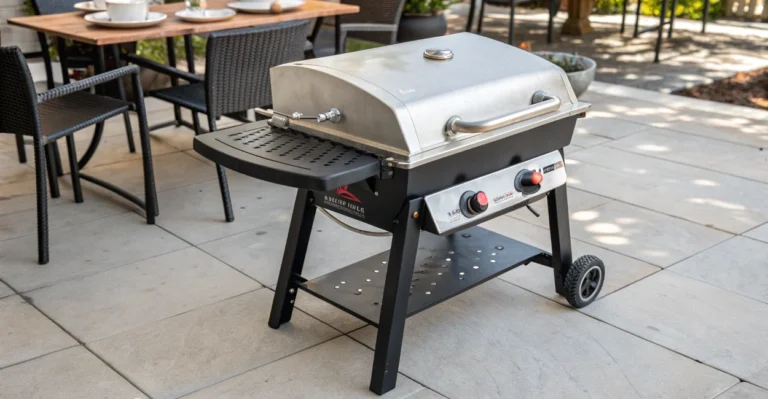 Moderna churrasqueira a gás portátil de dois queimadores, com acabamento em inox, posicionada em uma varanda gourmet com uma mesa ao fundo.