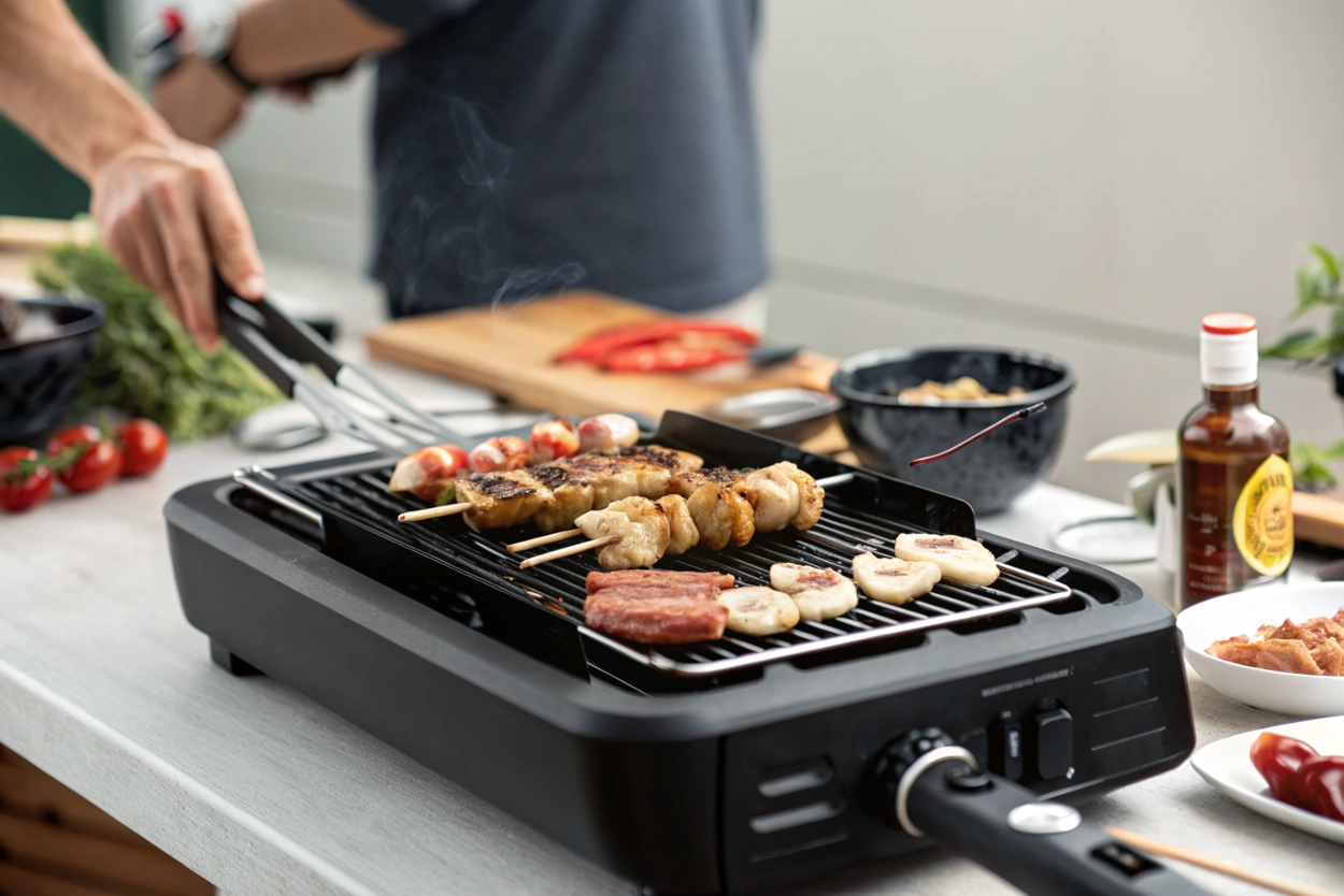 Homem preparando espetinhos em uma churrasqueira elétrica de mesa preta, demonstrando seu uso prático em uma bancada.