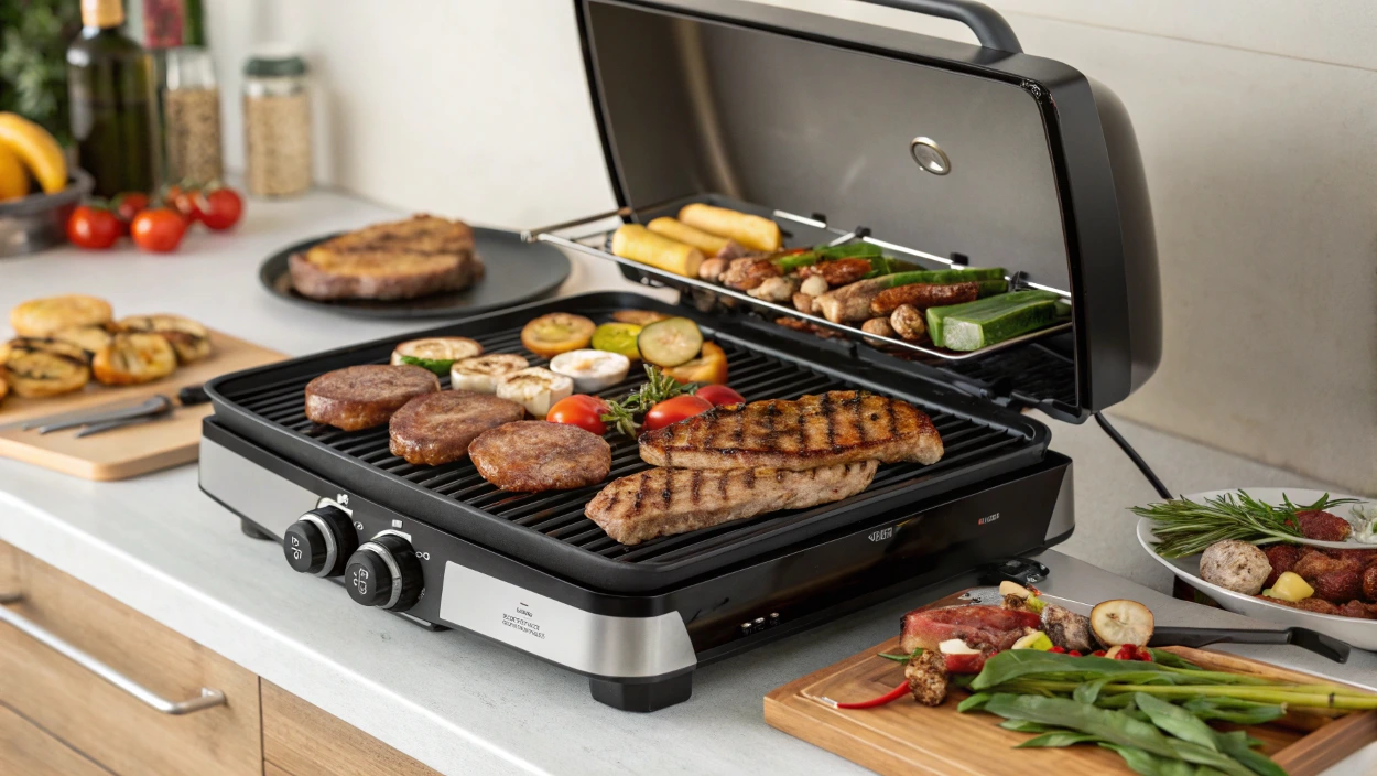 Uma imagem de alta qualidade de uma churrasqueira elétrica robusta, com bastante comida na grelha, mostrando sua capacidade