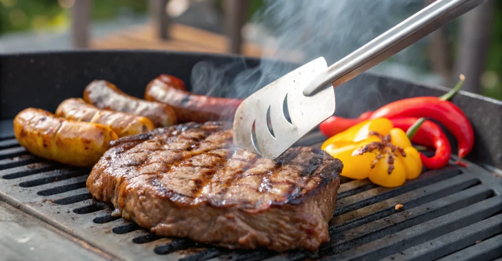 Close-up de um bife suculento com marcas de grelha perfeitas, mostrando o resultado de alta qualidade possível em uma churrasqueira a gás portátil.